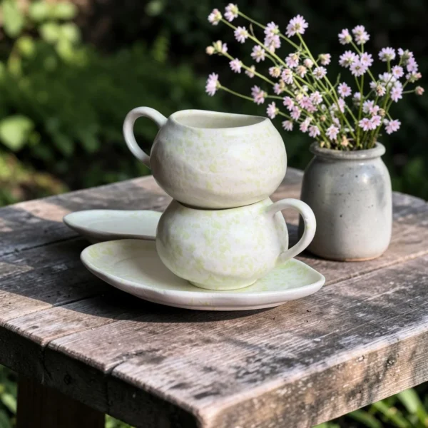 Harmiche Meadow Mist Handcrafted Ceramic Cup & Saucer Set of 2 – Speckle Glaze, 250ml