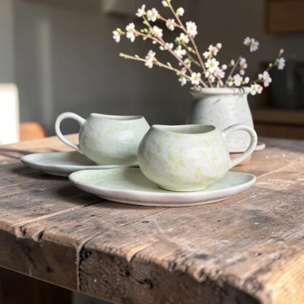 Harmiche Meadow Mist Handcrafted Ceramic Cup & Saucer Set of 2 – Speckle Glaze, 250ml