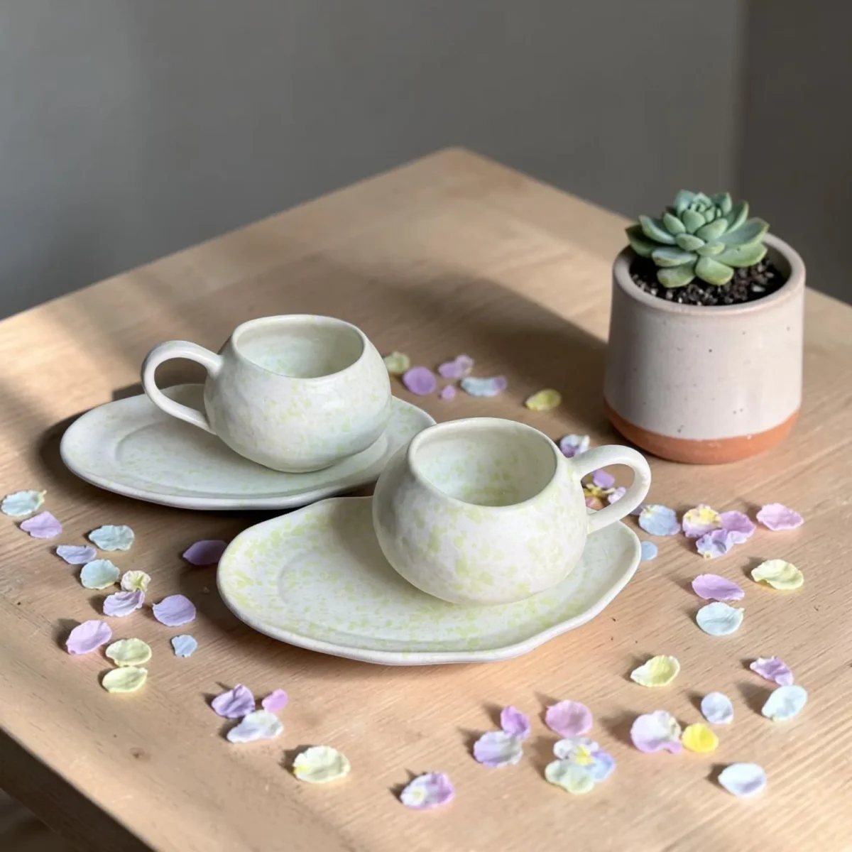 Harmiche Meadow Mist Handcrafted Ceramic Cup & Saucer Set of 2 – Speckle Glaze, 250ml