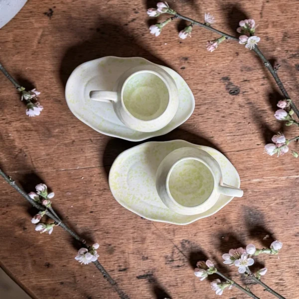 Harmiche Meadow Mist Handcrafted Ceramic Cup & Saucer Set of 2 – Speckle Glaze, 250ml
