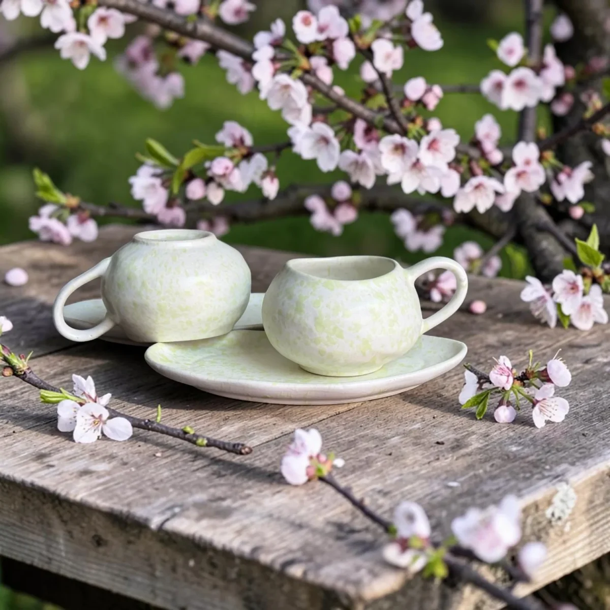 Harmiche Meadow Mist Handcrafted Ceramic Cup & Saucer Set of 2 – Speckle Glaze, 250ml