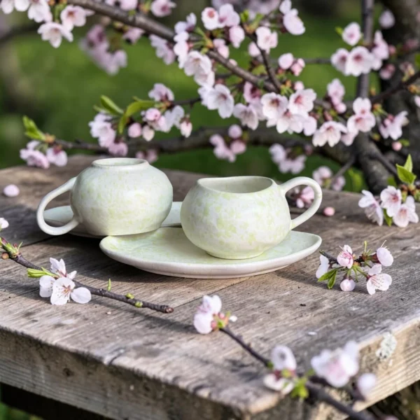 Harmiche Meadow Mist Handcrafted Ceramic Cup & Saucer Set of 2 – Speckle Glaze, 250ml