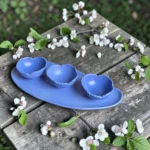 Harmiche Iris Bloom Handcrafted Ceramic Snack & Dry Fruit Bowl Set of 3 with Oval Tray – Scallop Edge, 150ml, Periwinkle Blue
