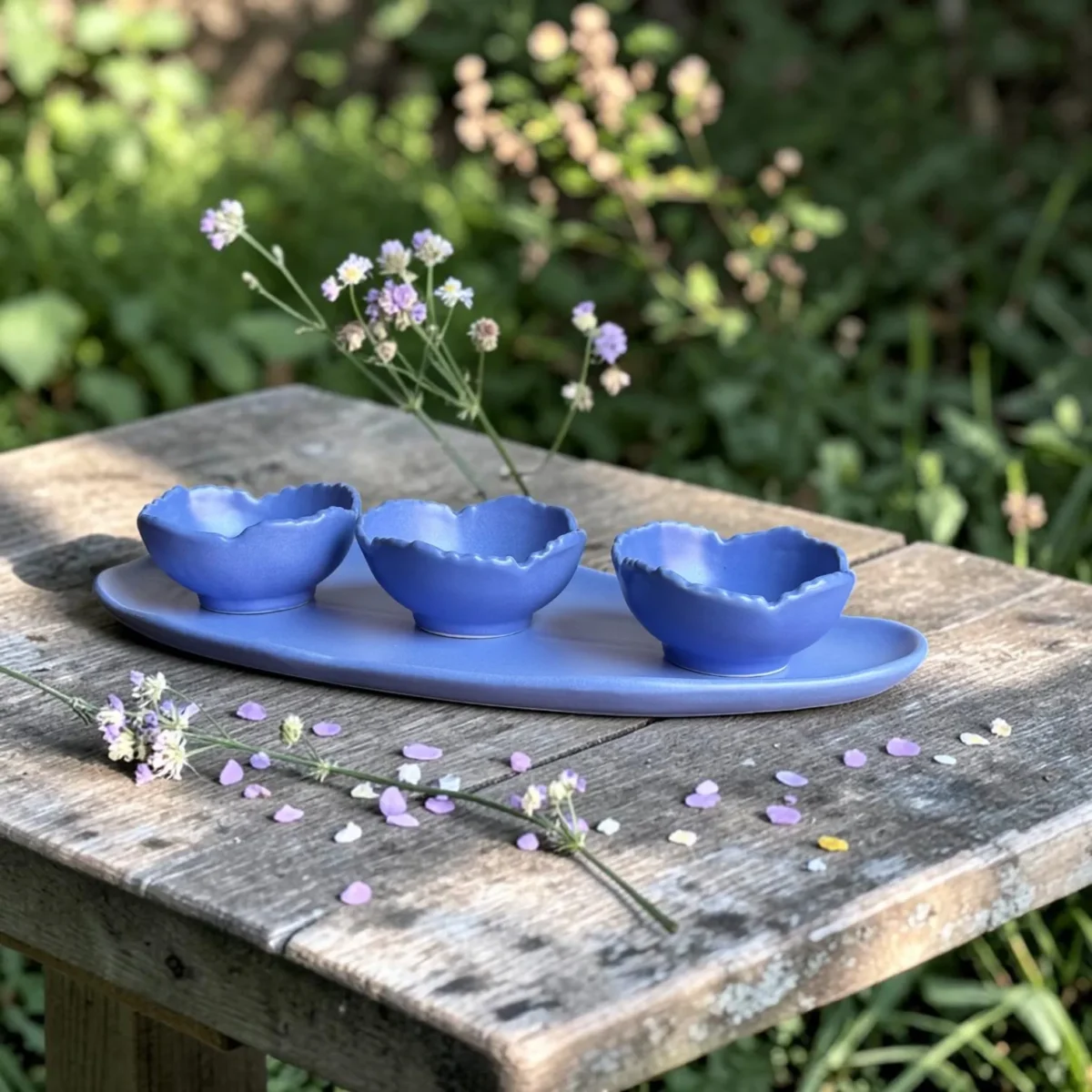 Harmiche Iris Bloom Handcrafted Ceramic Snack & Dry Fruit Bowl Set of 3 with Oval Tray – Scallop Edge, 150ml, Periwinkle Blue