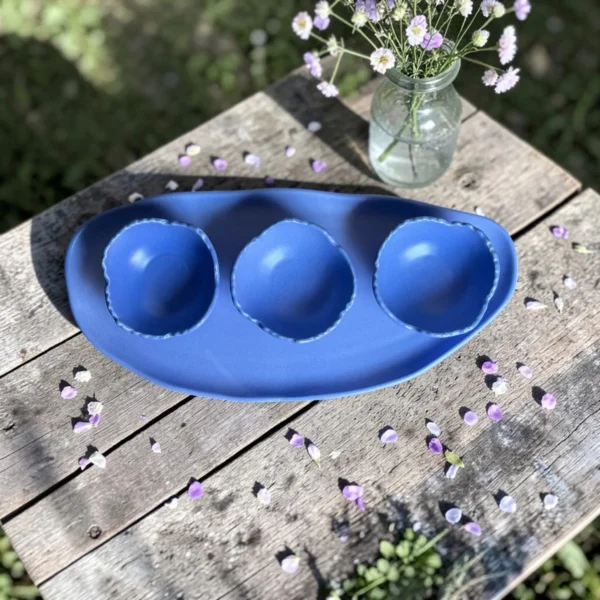 Harmiche Iris Bloom Handcrafted Ceramic Snack & Dry Fruit Bowl Set of 3 with Oval Tray – Scallop Edge, 150ml, Periwinkle Blue