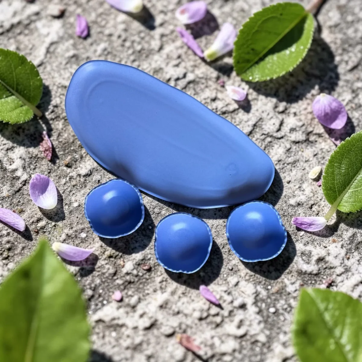Harmiche Iris Bloom Handcrafted Ceramic Snack & Dry Fruit Bowl Set of 3 with Oval Tray – Scallop Edge, 150ml, Periwinkle Blue