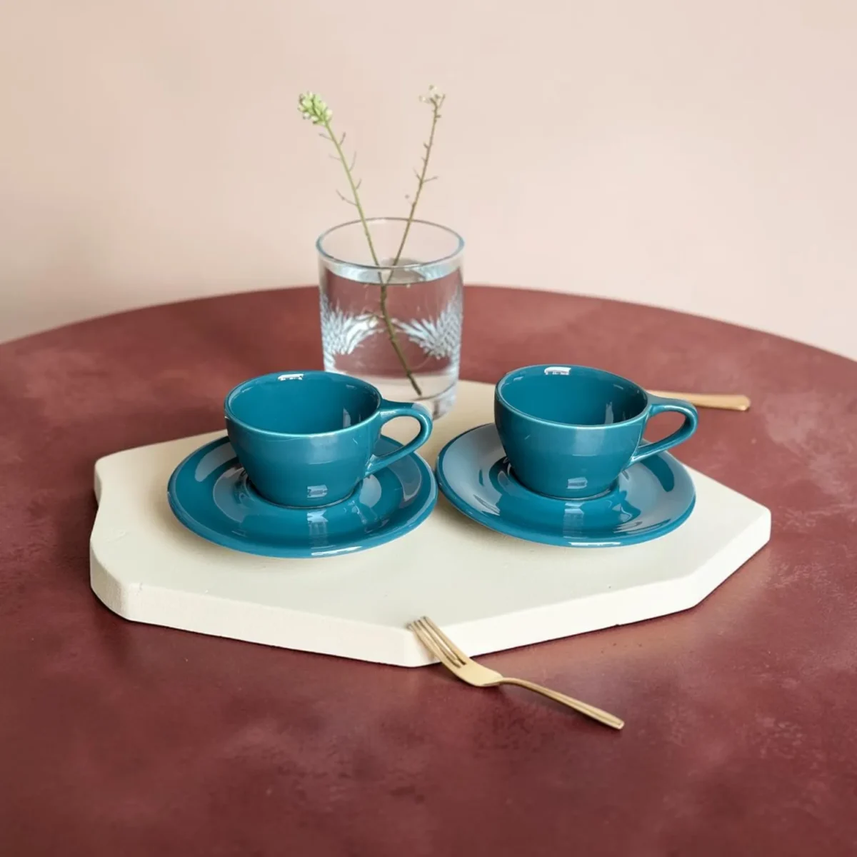 Shop Harmiche Luxe Teal Ceramic Cup & Saucer Set – glossy espresso, cappuccino & latte cups in 100ml, 200ml, 320ml. Set of 2.