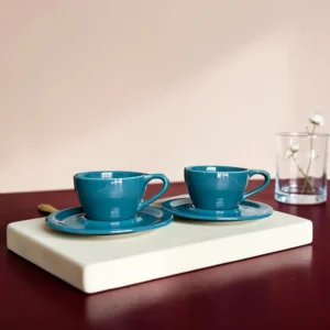Harmiche Luxe Teal Ceramic Cup and Saucer Set of 2 – Glossy Espresso, Cappuccino & Latte Cups | 100ml, 200ml, 320ml
