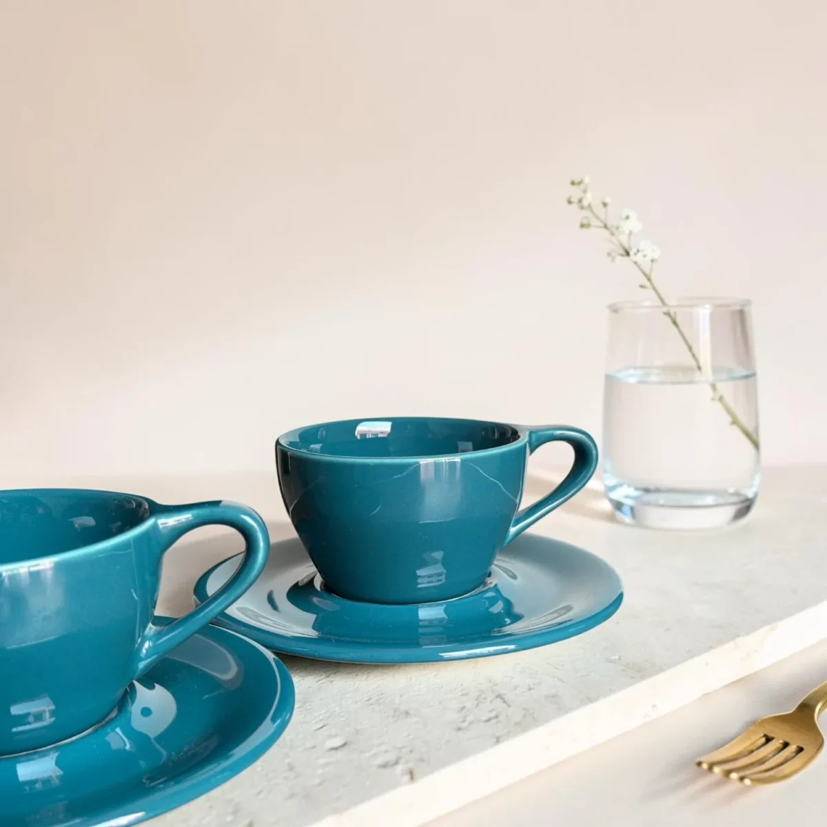 Shop Harmiche Luxe Teal Ceramic Cup & Saucer Set – glossy espresso, cappuccino & latte cups in 100ml, 200ml, 320ml. Set of 2.