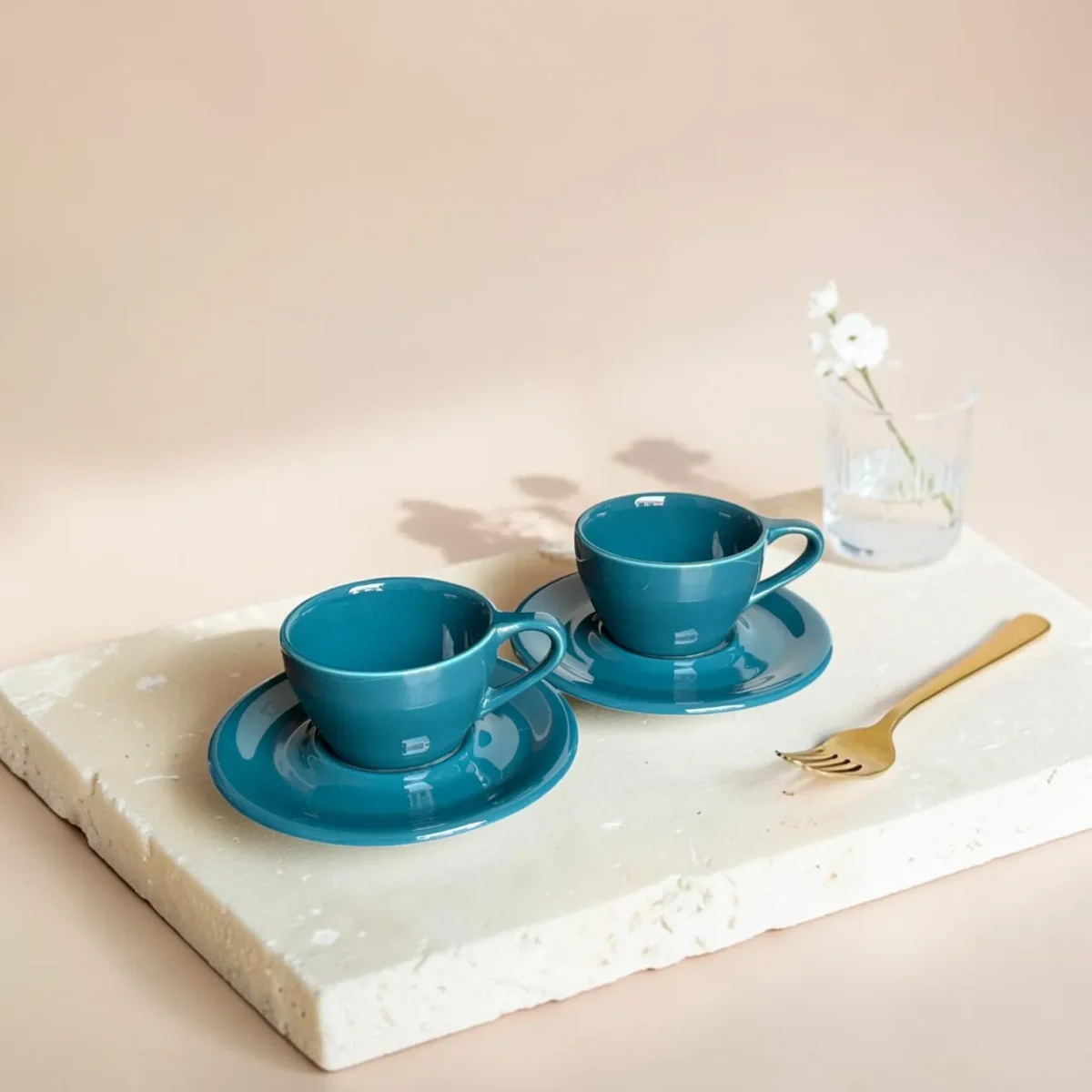 Shop Harmiche Luxe Teal Ceramic Cup & Saucer Set – glossy espresso, cappuccino & latte cups in 100ml, 200ml, 320ml. Set of 2.