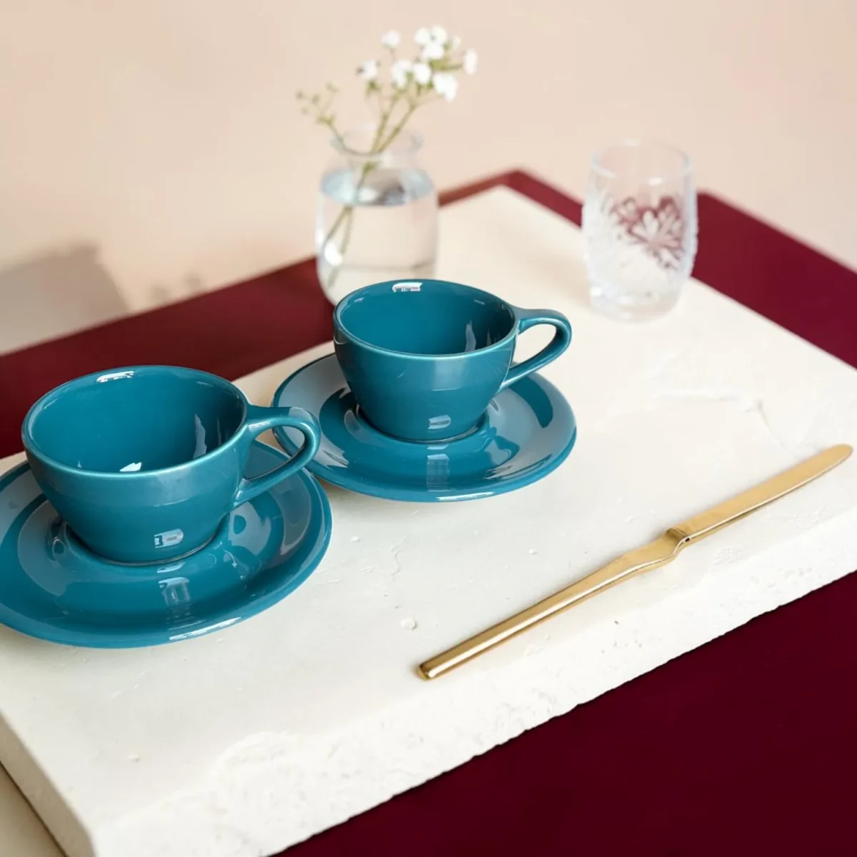 Shop Harmiche Luxe Teal Ceramic Cup & Saucer Set – glossy espresso, cappuccino & latte cups in 100ml, 200ml, 320ml. Set of 2.