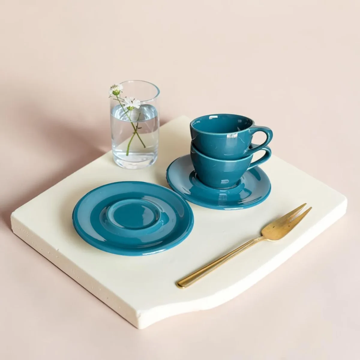 Shop Harmiche Luxe Teal Ceramic Cup & Saucer Set – glossy espresso, cappuccino & latte cups in 100ml, 200ml, 320ml. Set of 2.