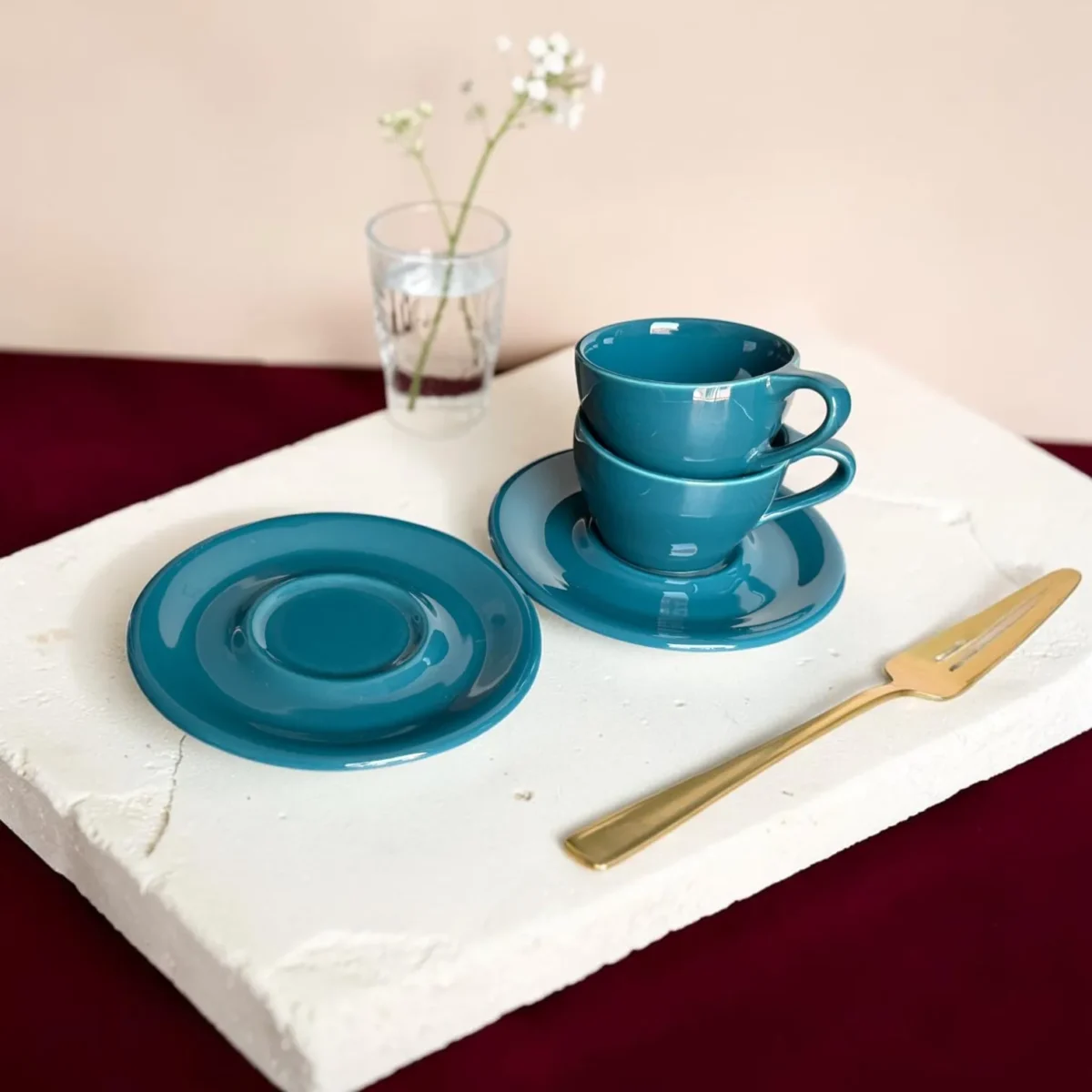 Shop Harmiche Luxe Teal Ceramic Cup & Saucer Set – glossy espresso, cappuccino & latte cups in 100ml, 200ml, 320ml. Set of 2.
