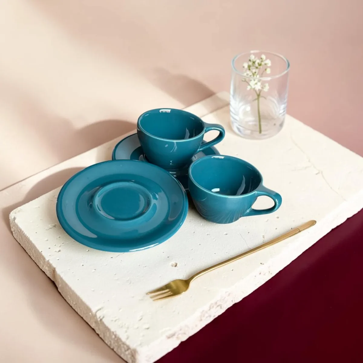 Shop Harmiche Luxe Teal Ceramic Cup & Saucer Set – glossy espresso, cappuccino & latte cups in 100ml, 200ml, 320ml. Set of 2.