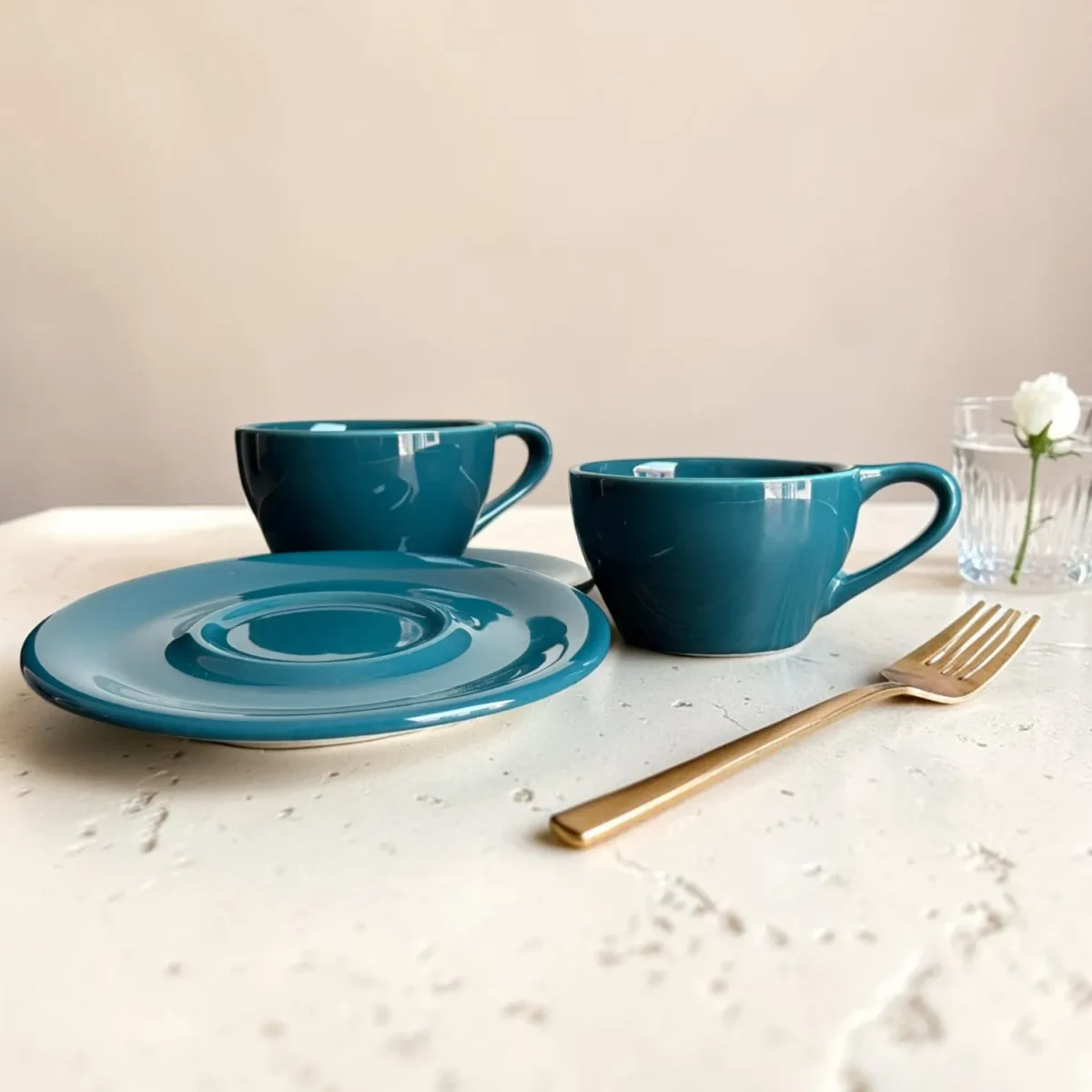Shop Harmiche Luxe Teal Ceramic Cup & Saucer Set – glossy espresso, cappuccino & latte cups in 100ml, 200ml, 320ml. Set of 2.