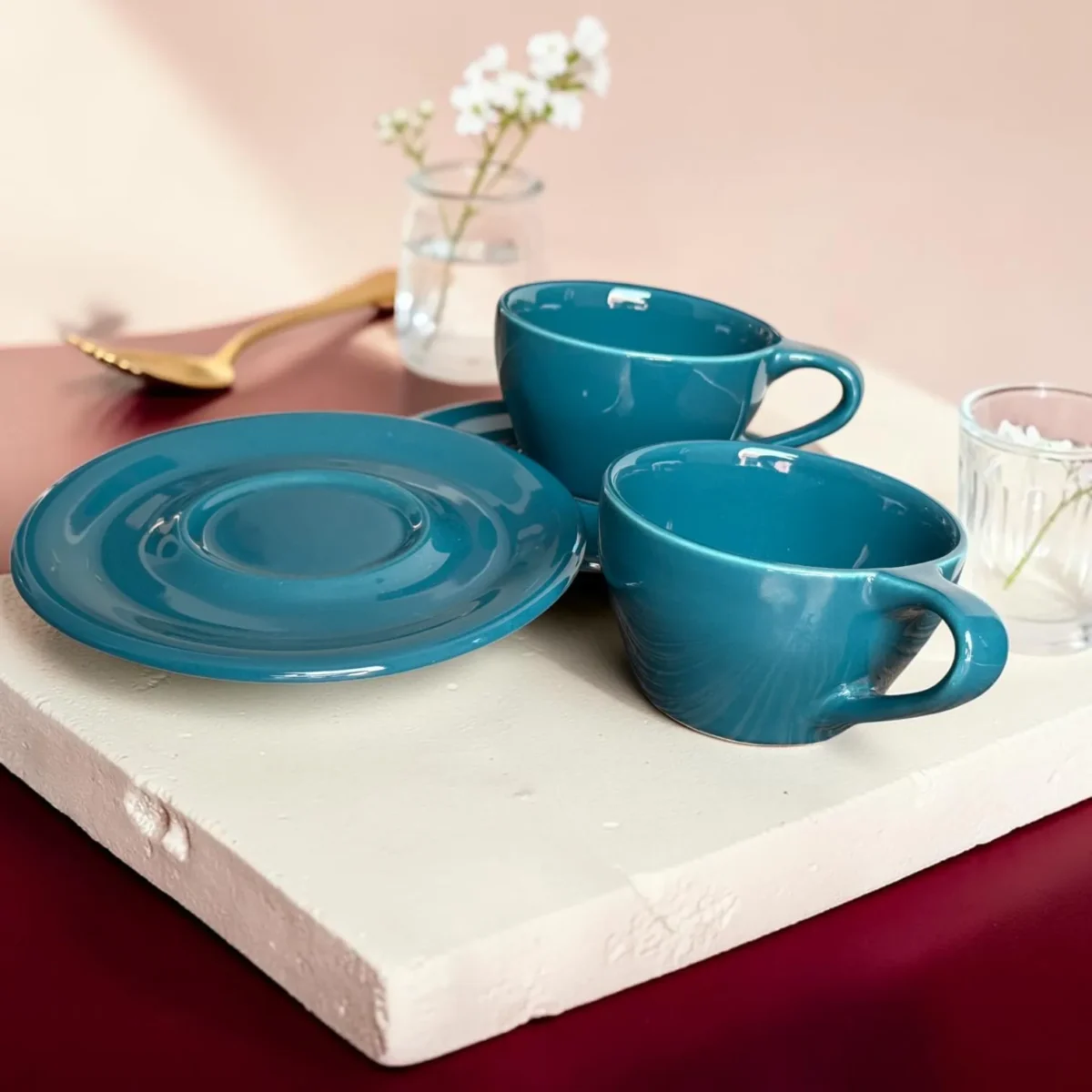 Shop Harmiche Luxe Teal Ceramic Cup & Saucer Set – glossy espresso, cappuccino & latte cups in 100ml, 200ml, 320ml. Set of 2.