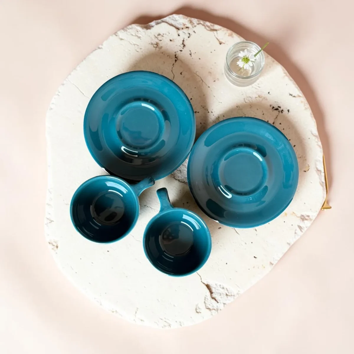 Shop Harmiche Luxe Teal Ceramic Cup & Saucer Set – glossy espresso, cappuccino & latte cups in 100ml, 200ml, 320ml. Set of 2.