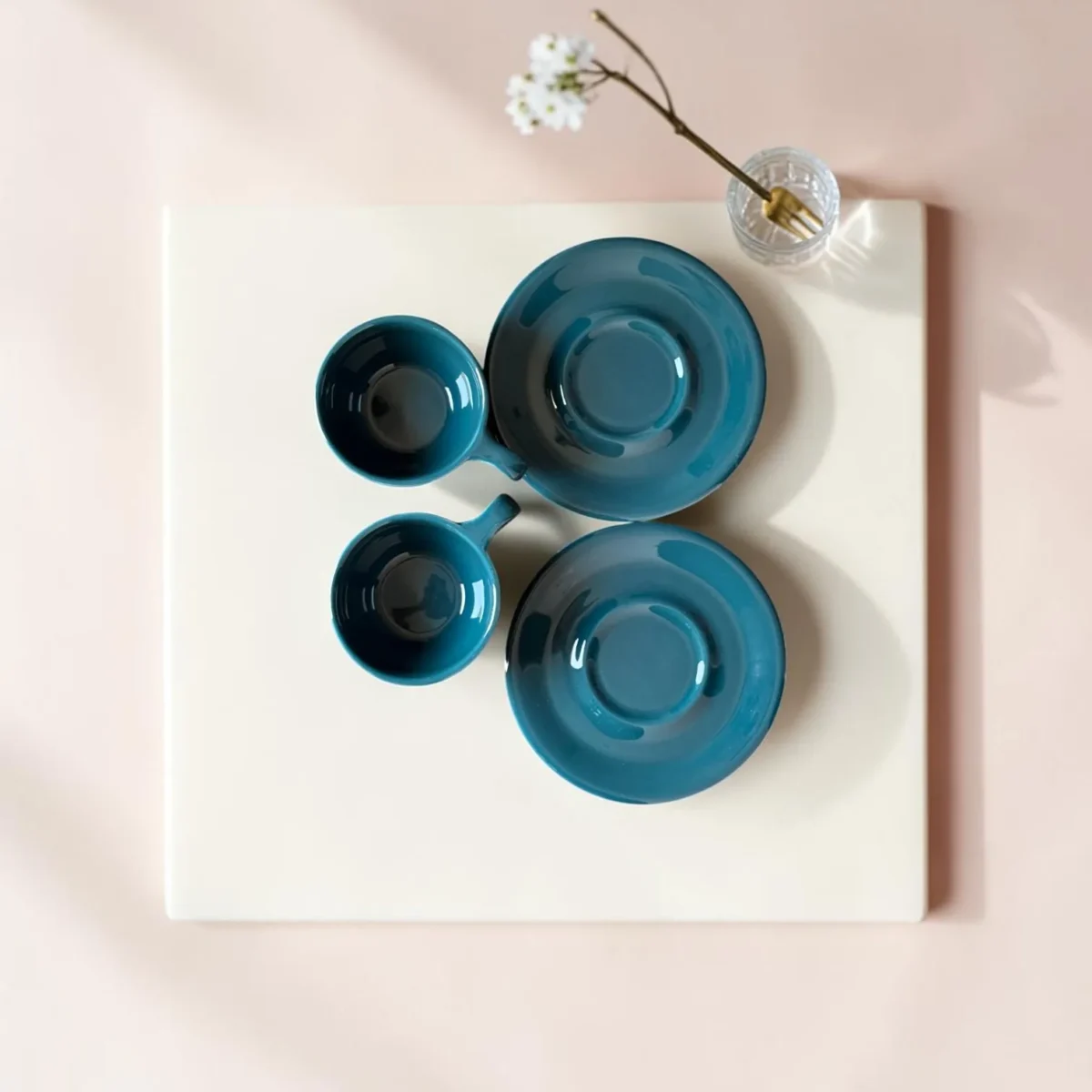 Shop Harmiche Luxe Teal Ceramic Cup & Saucer Set – glossy espresso, cappuccino & latte cups in 100ml, 200ml, 320ml. Set of 2.