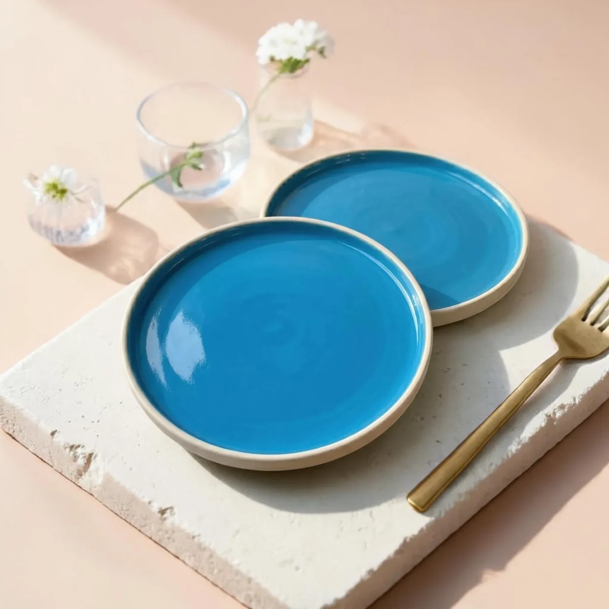 Harmiche Blue Lagoon Handcrafted Ceramic Dinner Plates Set of 2 – Cerulean Blue Glaze, Raised Rim, 10 Inch