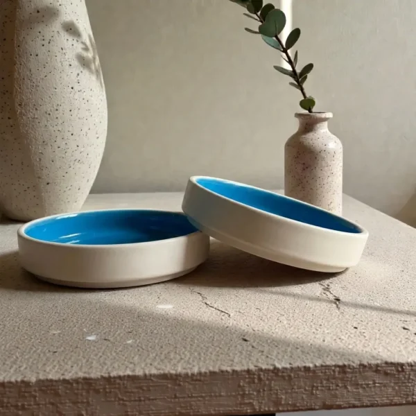 Harmiche Blue Lagoon Handcrafted Ceramic Salad Bowls Set of 2 – Cerulean Blue Glaze, Raised Rim, 8 Inch (8″ x 1.5″)
