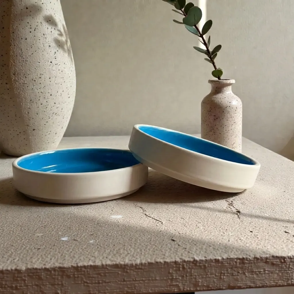 Harmiche Blue Lagoon Handcrafted Ceramic Salad Bowls Set of 2 – Cerulean Blue Glaze, Raised Rim, 8 Inch (8″ x 1.5″)