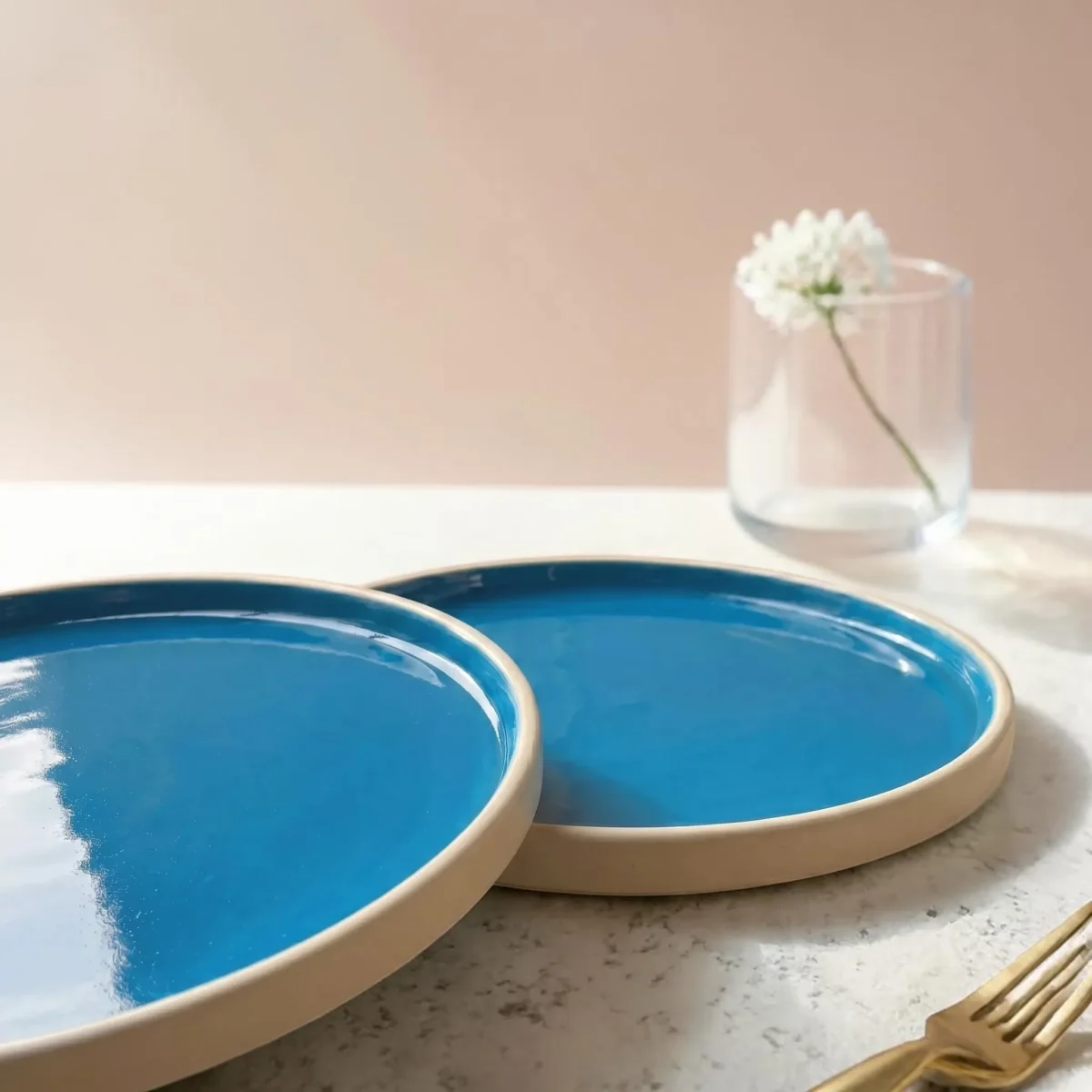 Harmiche Blue Lagoon Handcrafted Ceramic Quarter Plates Set of 2 – Cerulean Blue Glaze, Raised Rim, 8 Inch