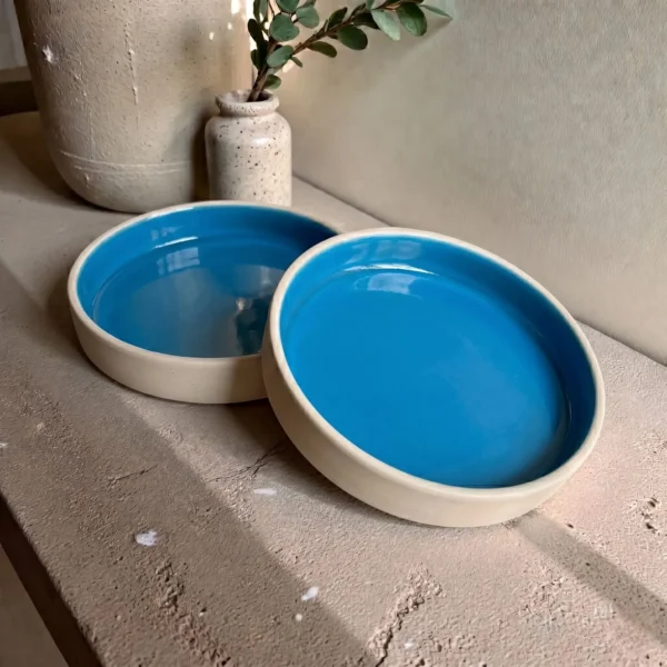 Harmiche Blue Lagoon Handcrafted Ceramic Salad Bowls Set of 2 – Cerulean Blue Glaze, Raised Rim, 8 Inch (8″ x 1.5″)