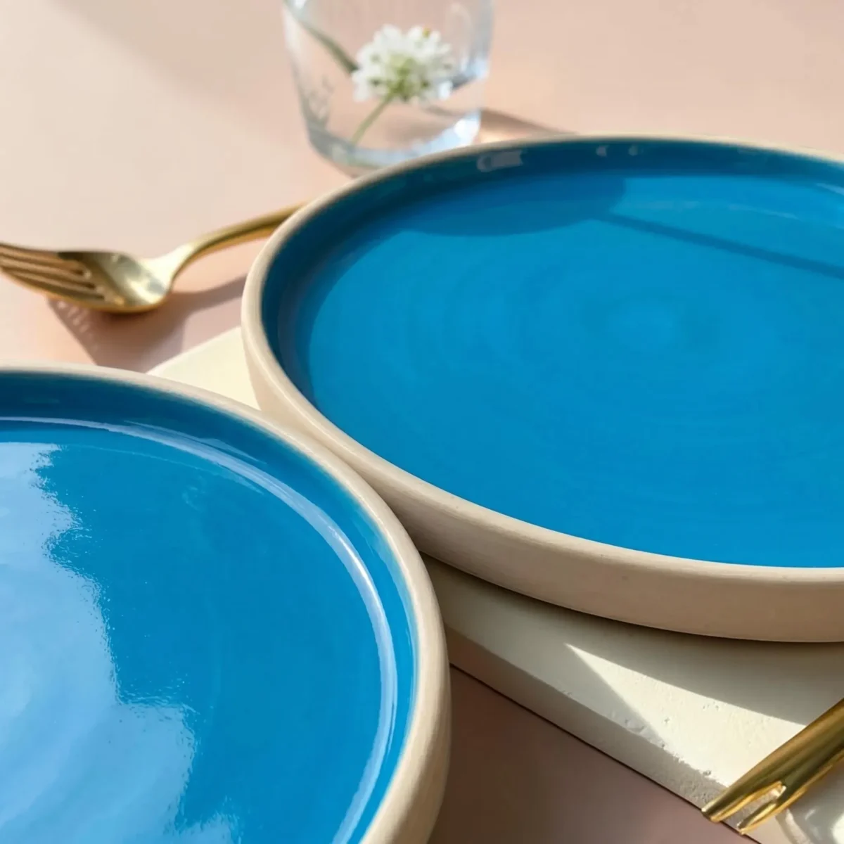 Harmiche Blue Lagoon Handcrafted Ceramic Quarter Plates Set of 2 – Cerulean Blue Glaze, Raised Rim, 8 Inch