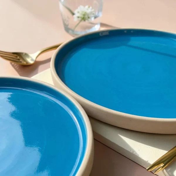 Harmiche Blue Lagoon Handcrafted Ceramic Quarter Plates Set of 2 – Cerulean Blue Glaze, Raised Rim, 8 Inch