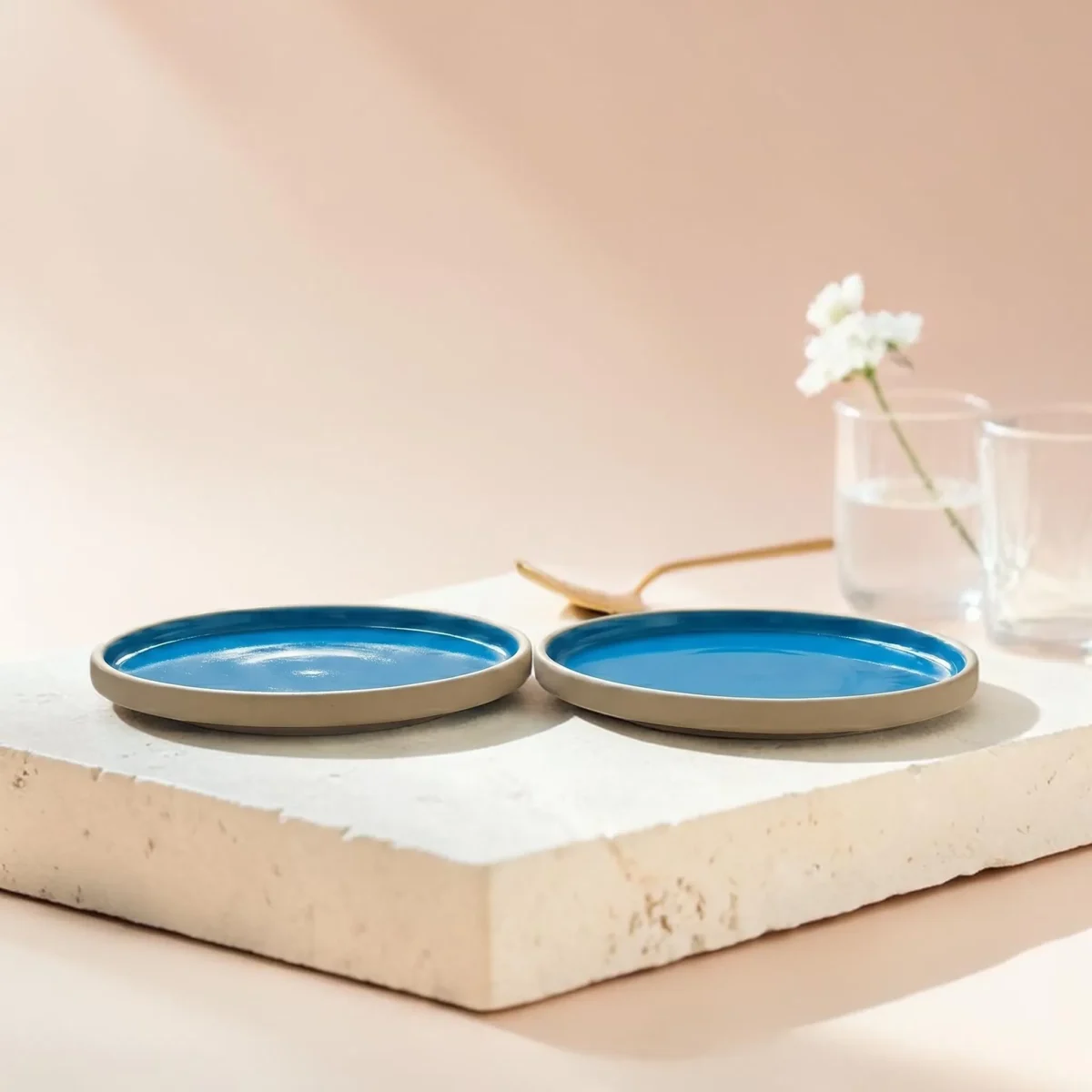 Harmiche Blue Lagoon Handcrafted Ceramic Quarter Plates Set of 2 – Cerulean Blue Glaze, Raised Rim, 8 Inch