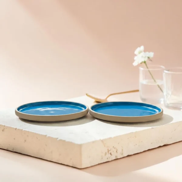 Harmiche Blue Lagoon Handcrafted Ceramic Quarter Plates Set of 2 – Cerulean Blue Glaze, Raised Rim, 8 Inch