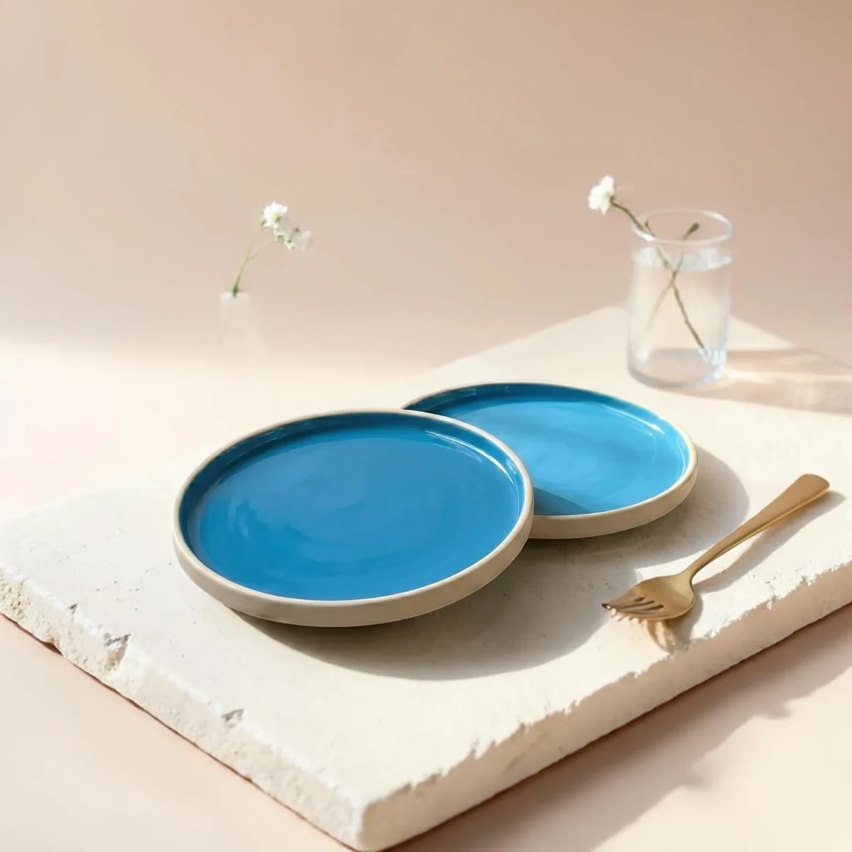 Harmiche Blue Lagoon Handcrafted Ceramic Dinner Plates Set of 2 – Cerulean Blue Glaze, Raised Rim, 10 Inch