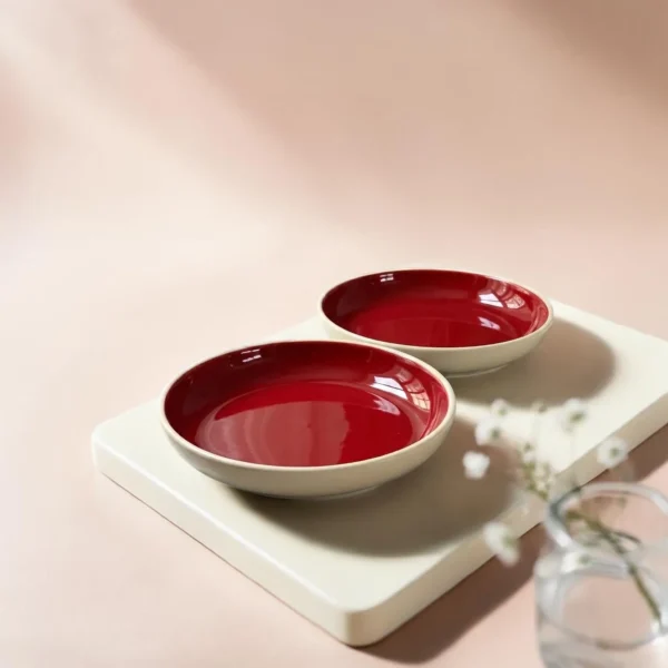 Harmiche Crimson Ember Handcrafted Ceramic Deep Plates Set of 2 – Pasta, Soup & Bowl Plates, Vivid Red Glaze, 8.5 Inch