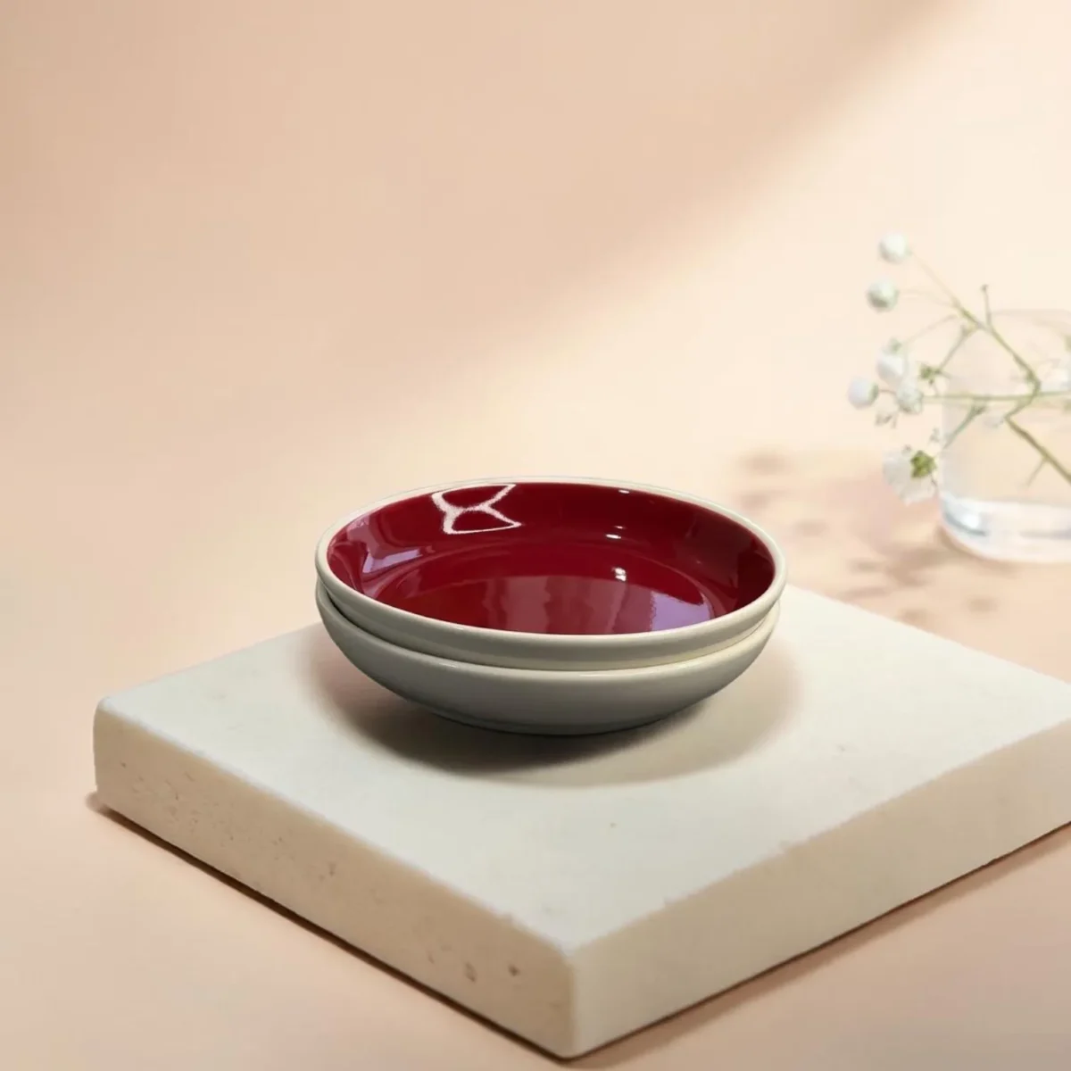 Harmiche Crimson Ember Handcrafted Ceramic Deep Plates Set of 2 – Pasta, Soup & Bowl Plates, Vivid Red Glaze, 8.5 Inch