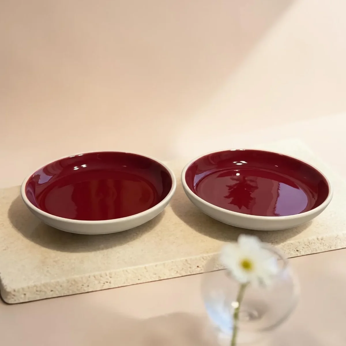 Harmiche Crimson Ember Handcrafted Ceramic Deep Plates Set of 2 – Pasta, Soup & Bowl Plates, Vivid Red Glaze, 8.5 Inch