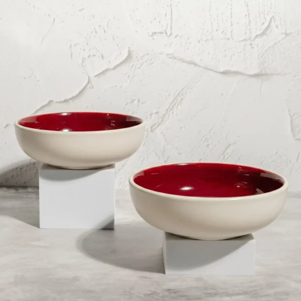 Harmiche Crimson Ember Handcrafted Ceramic Serving Bowls Set of 2 – Deep Red Glaze, 7 Inch, 800ml