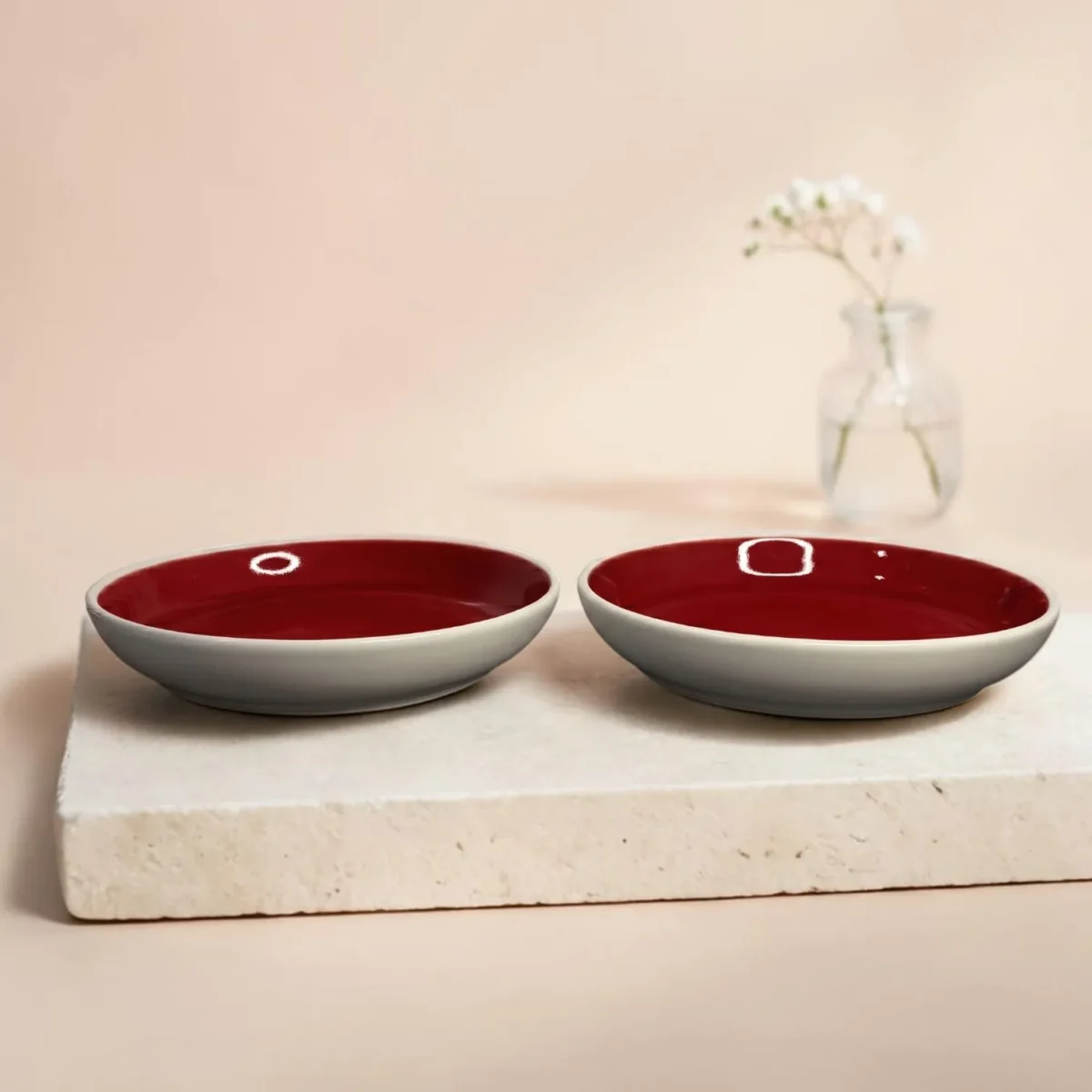 Harmiche Crimson Ember Handcrafted Ceramic Deep Plates Set of 2 – Pasta, Soup & Bowl Plates, Vivid Red Glaze, 8.5 Inch