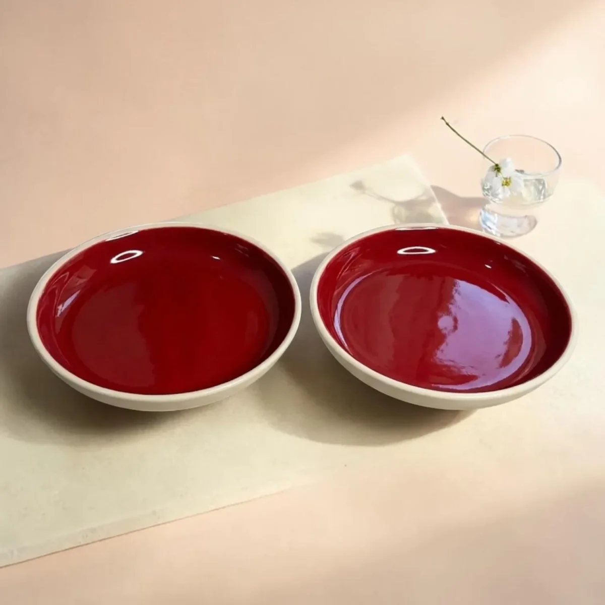 Harmiche Crimson Ember Handcrafted Ceramic Deep Plates Set of 2 – Pasta, Soup & Bowl Plates, Vivid Red Glaze, 8.5 Inch