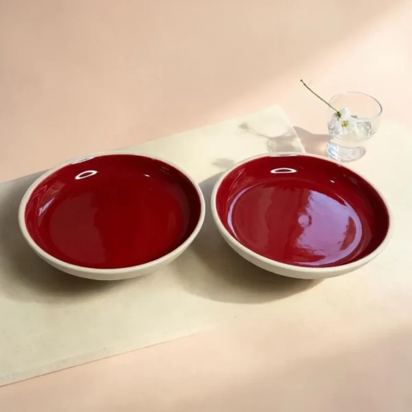 Harmiche Crimson Ember Handcrafted Ceramic Deep Plates Set of 2 – Pasta, Soup & Bowl Plates, Vivid Red Glaze, 8.5 Inch