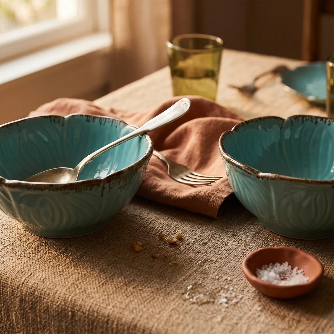 Harmiche Teal Edgestone Handcrafted Ceramic Serving Bowls Set of 2 – Reactive Glaze, Scallop Rim, 8 Inch, 1200ml