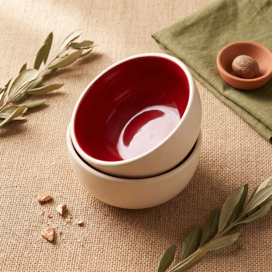 Harmiche Crimson Ember Ceramic Soup Bowls Set of 2 – 300ml, deep red glaze, matte cream exterior, handcrafted. Food safe. Shop now.