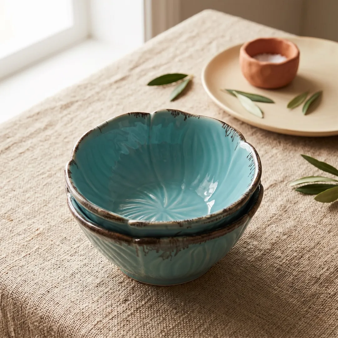 Harmiche Teal Edgestone Handcrafted Ceramic Serving Bowls Set of 2 – Reactive Glaze, Scallop Rim, 8 Inch, 1200ml