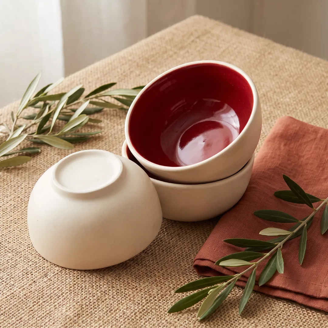 Harmiche Crimson Ember Ceramic Soup Bowls Set of 2 – 300ml, deep red glaze, matte cream exterior, handcrafted. Food safe. Shop now.