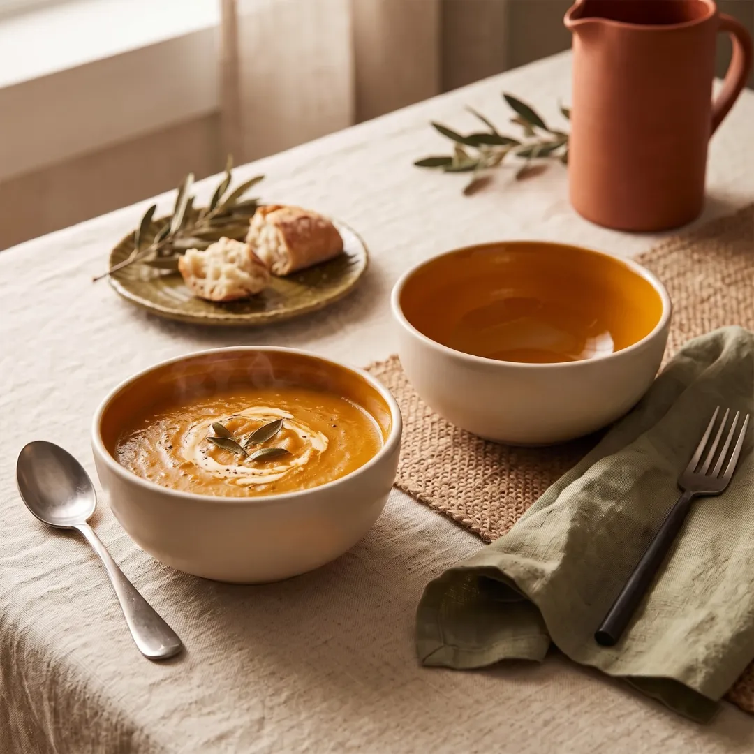 Harmiche Marigold Glow Ceramic Soup Bowls Set of 2 – 300ml, amber glaze, matte cream exterior, handcrafted. Food safe. Shop now.
