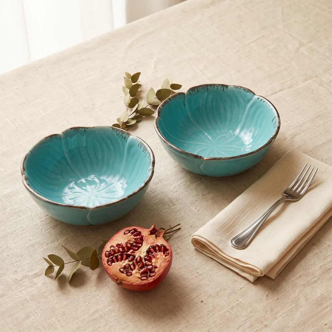 Harmiche Teal Edgestone Handcrafted Ceramic Serving Bowls Set of 2 – Reactive Glaze, Scallop Rim, 8 Inch, 1200ml