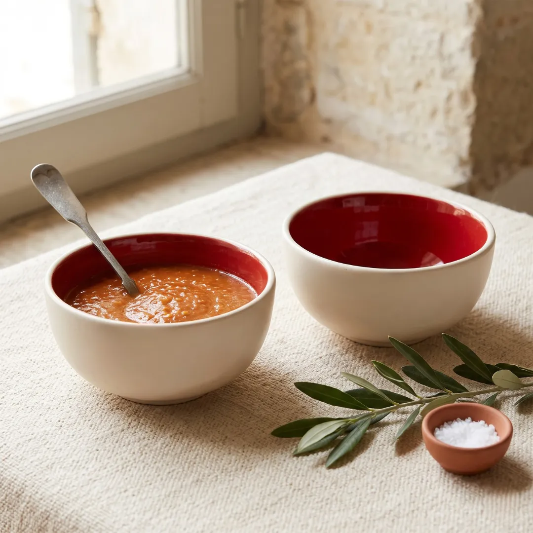 Harmiche Crimson Ember Ceramic Soup Bowls Set of 2 – 300ml, deep red glaze, matte cream exterior, handcrafted. Food safe. Shop now.