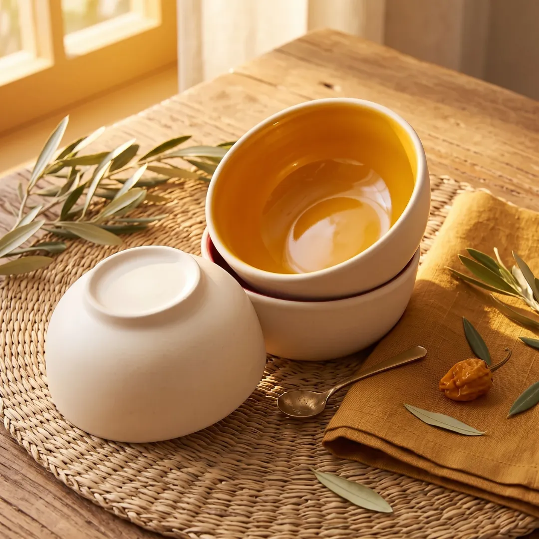 Harmiche Marigold Glow Ceramic Soup Bowls Set of 2 – 300ml, amber glaze, matte cream exterior, handcrafted. Food safe. Shop now.