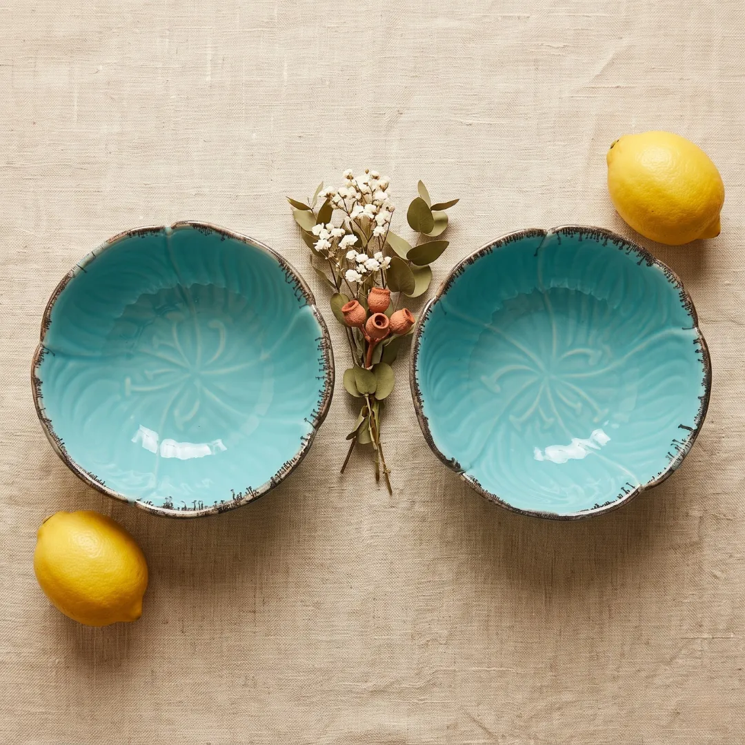 Harmiche Teal Edgestone Handcrafted Ceramic Serving Bowls Set of 2 – Reactive Glaze, Scallop Rim, 8 Inch, 1200ml
