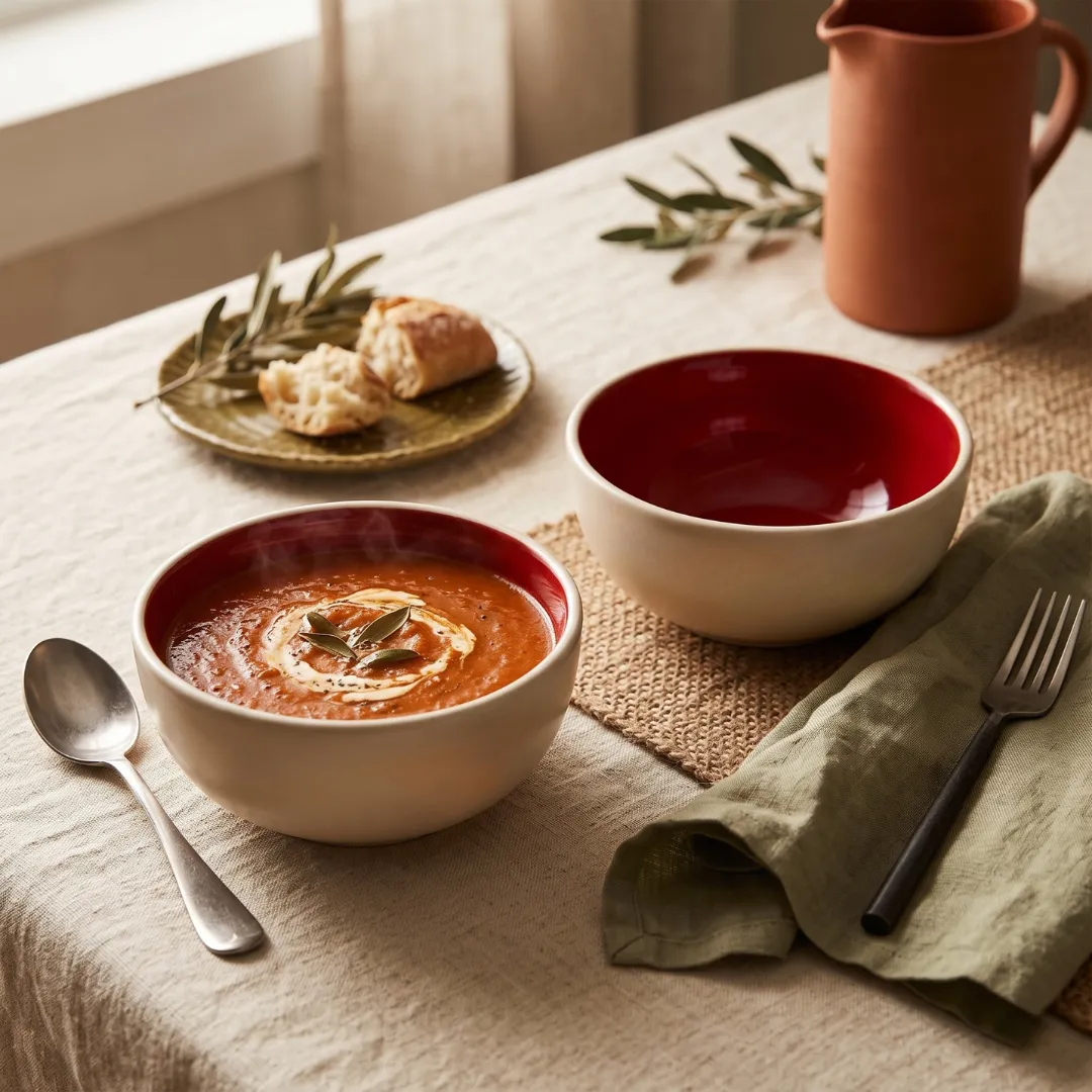 Harmiche Crimson Ember Ceramic Soup Bowls Set of 2 – 300ml, deep red glaze, matte cream exterior, handcrafted. Food safe. Shop now.