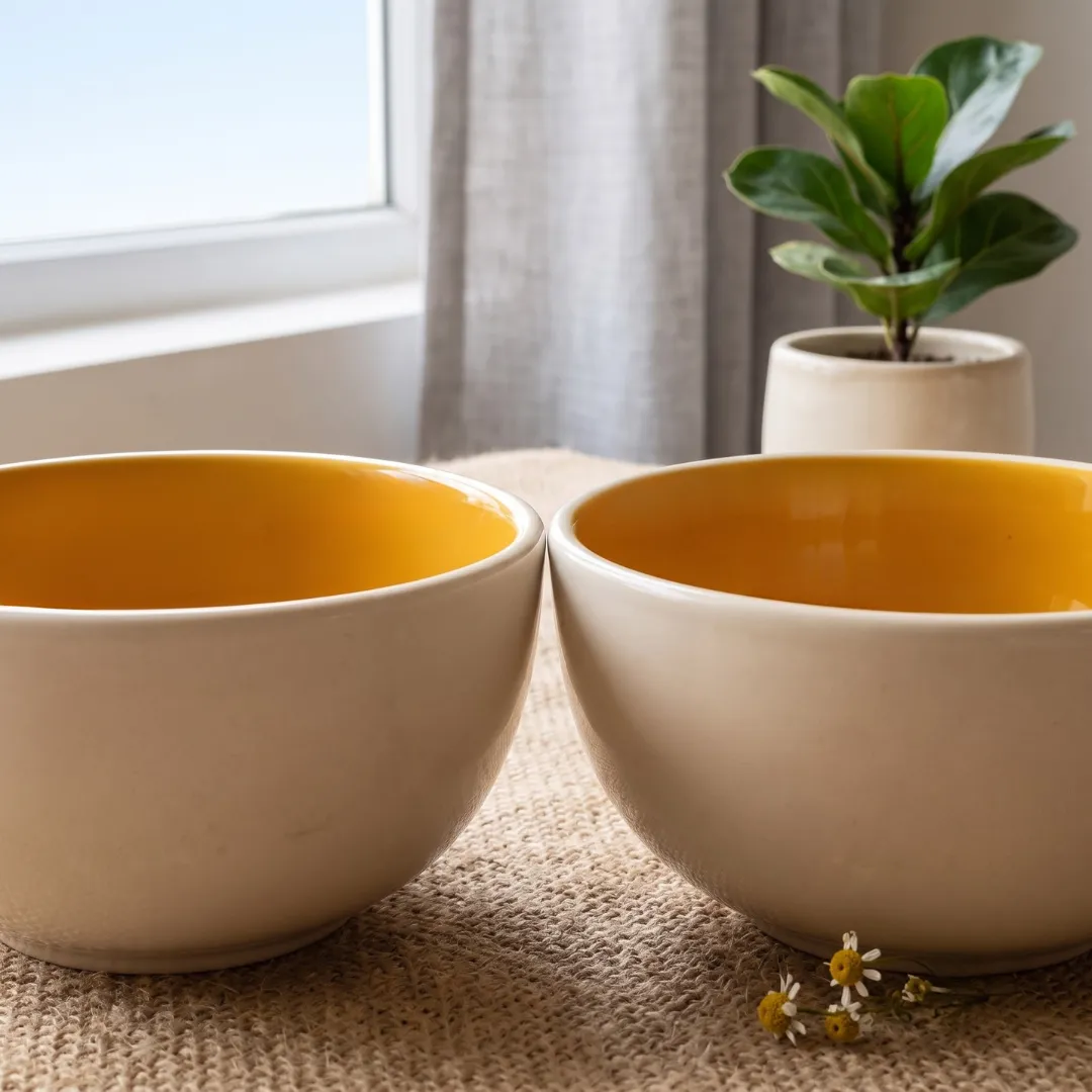 Harmiche Marigold Glow Ceramic Soup Bowls Set of 2 – 300ml, amber glaze, matte cream exterior, handcrafted. Food safe. Shop now.